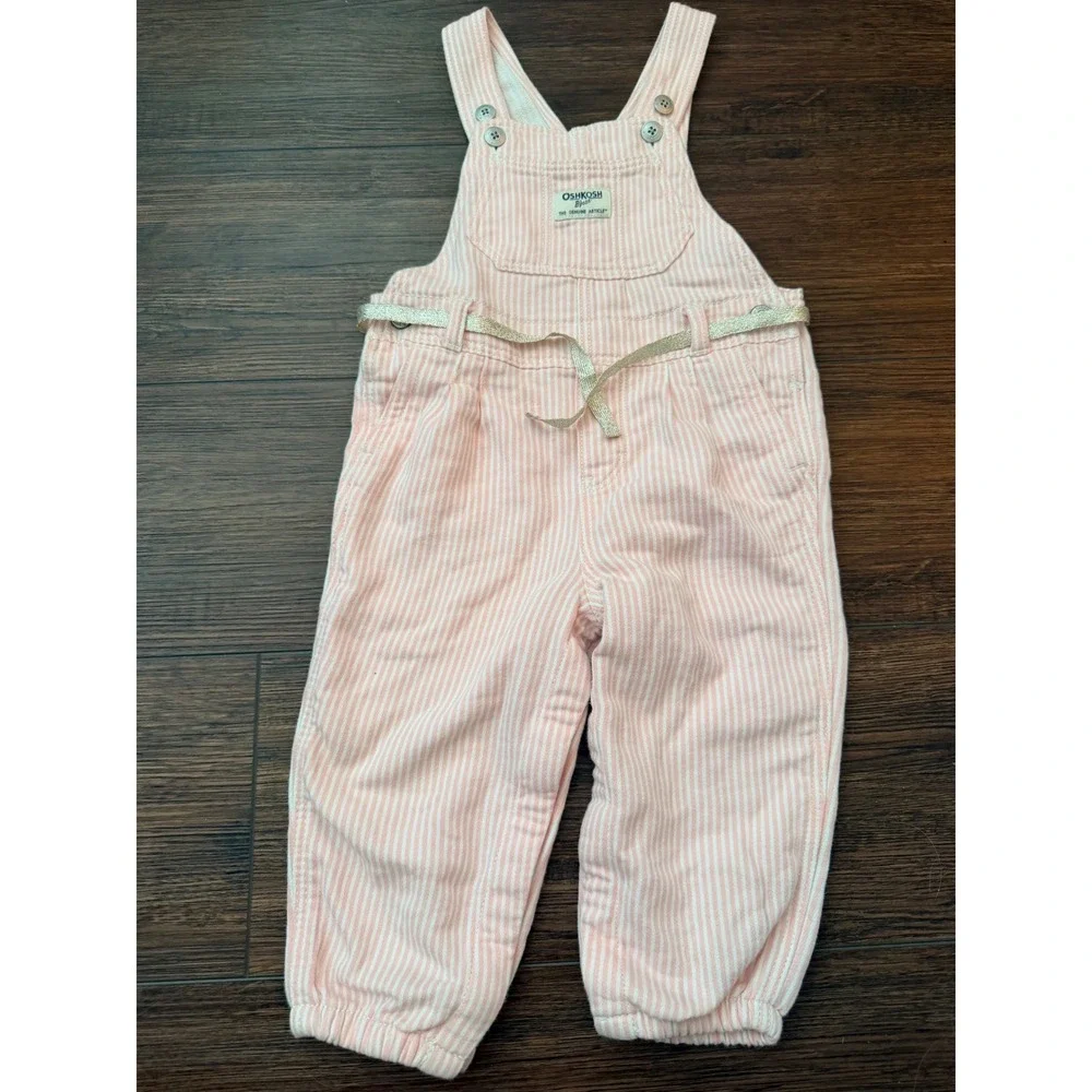 OshKosh Bgosh Pink White Striped French Terry Overalls 24M Glitter Waist